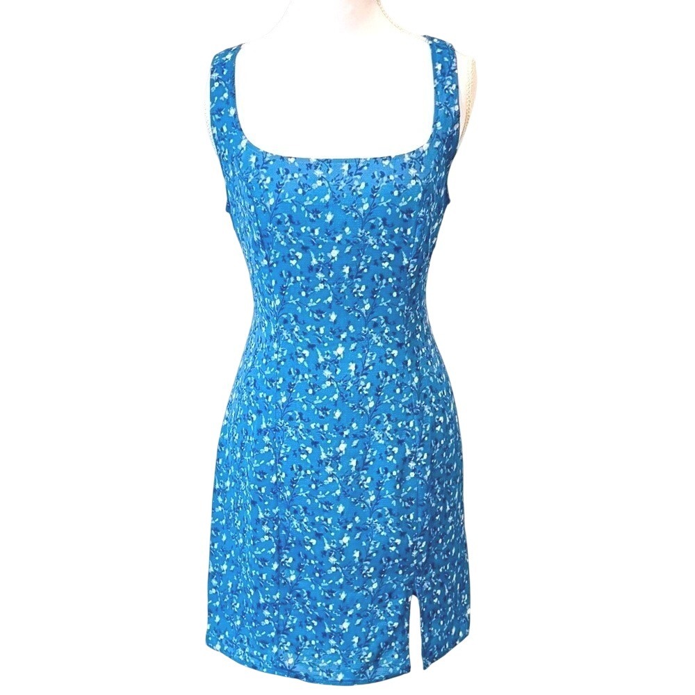90s Mini Dress Slit Floral Womens S Blue Square Neck Side Slit
